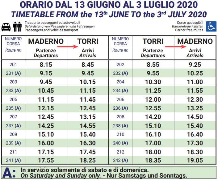 Orari traghetti lago di Garda 13 Giugno 2020 - 20 Luglio 2020 Maderno/Torri